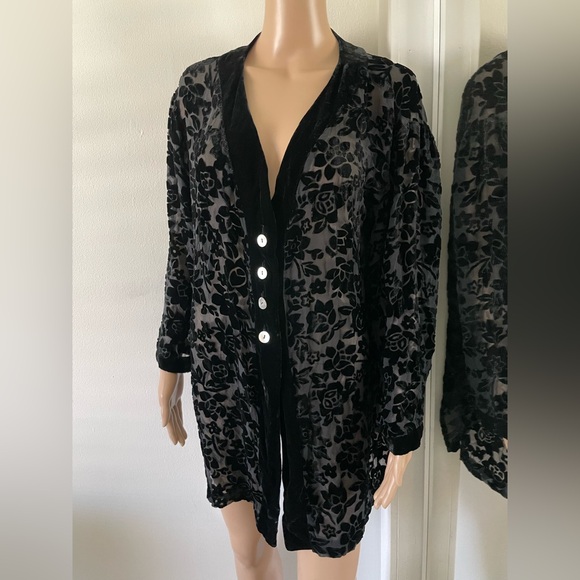 Vtg Queen Anne Eileen West Silk Blend Velvet Burnout Floral Cardigan Duster S - Picture 2 of 5